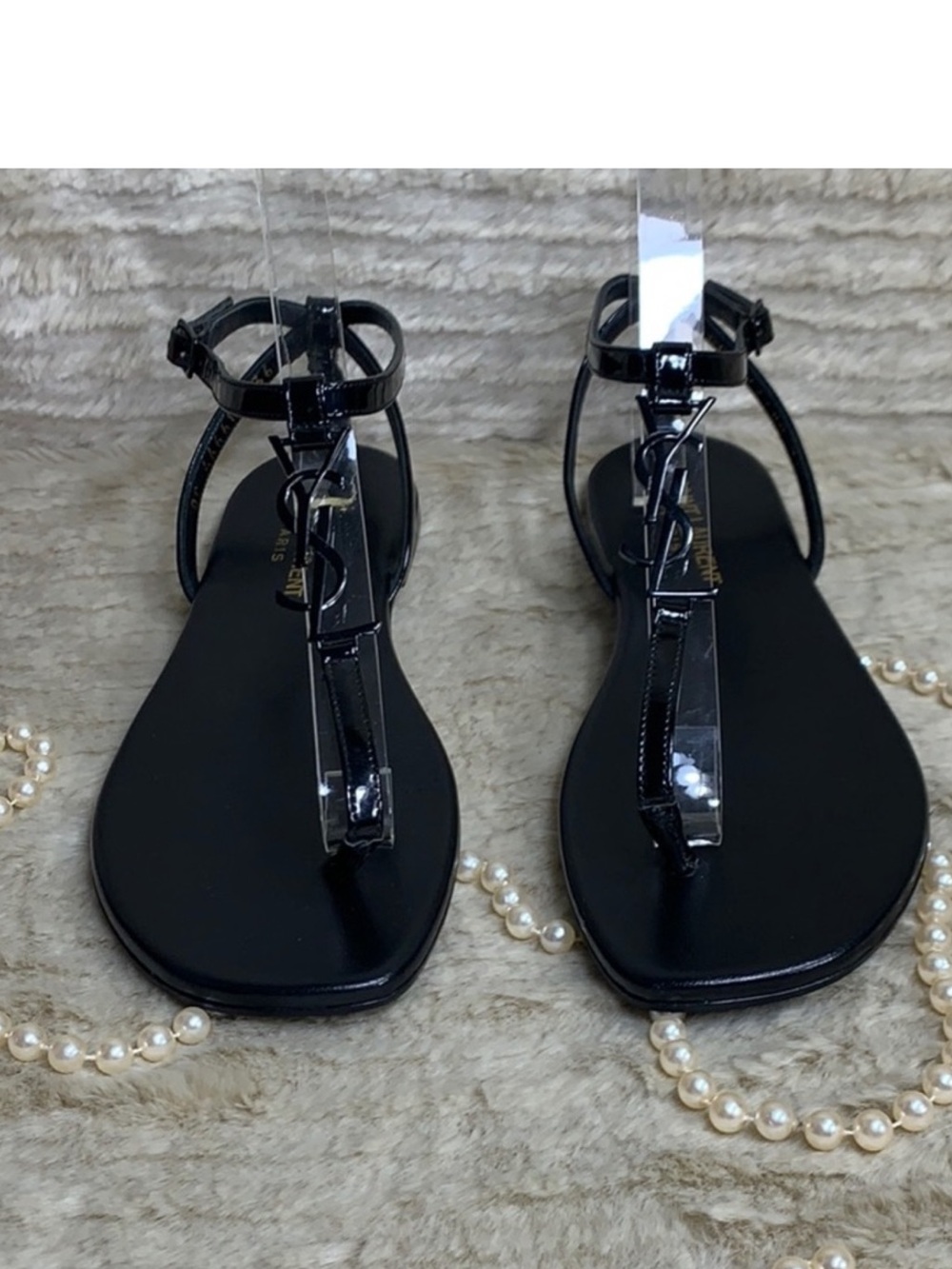Yves Saint Laurent Black Patent Leather T-Strap Flat Sandals